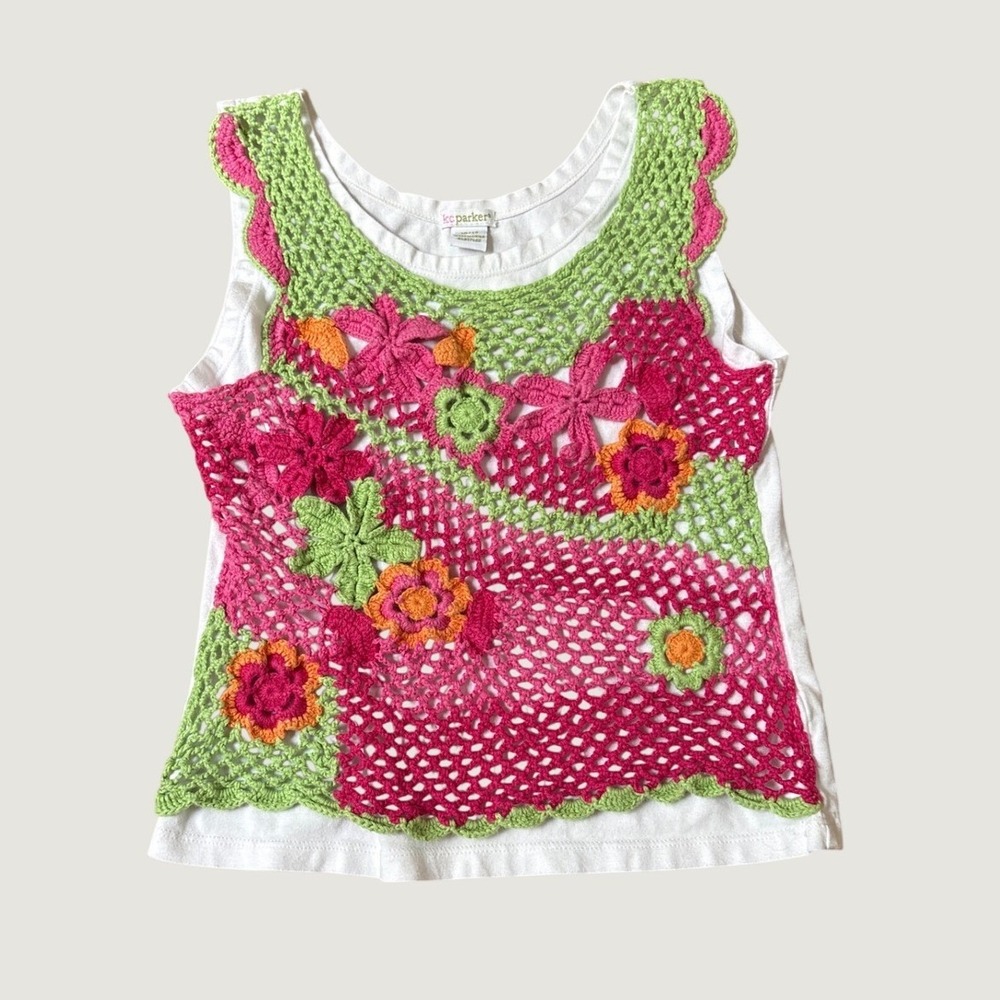 kc parker Crochet Floral Tank Top Girls White Pink Green Boho SIZE 10/12